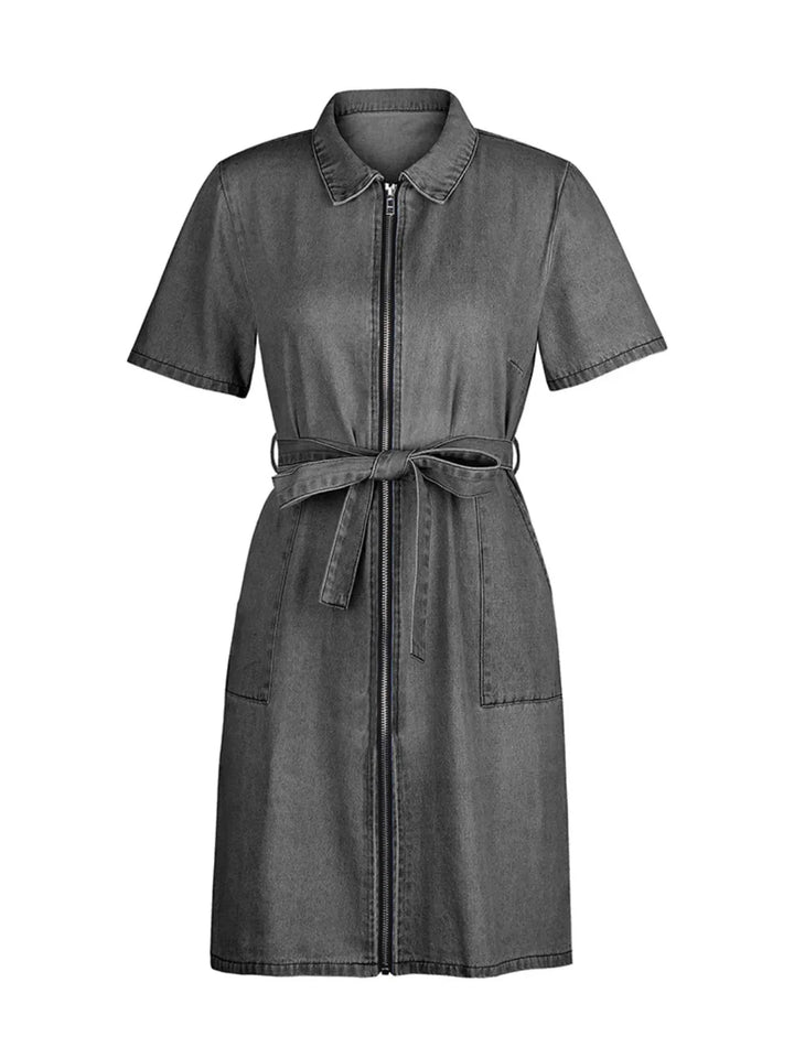 Full Size Zip Front Short Sleeve Denim Dress Plus Size