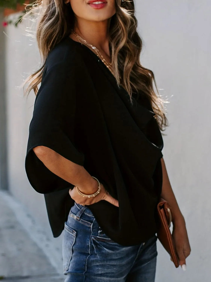 Full Size Ruched Three-Quarter Sleeve Blouse Plus Size