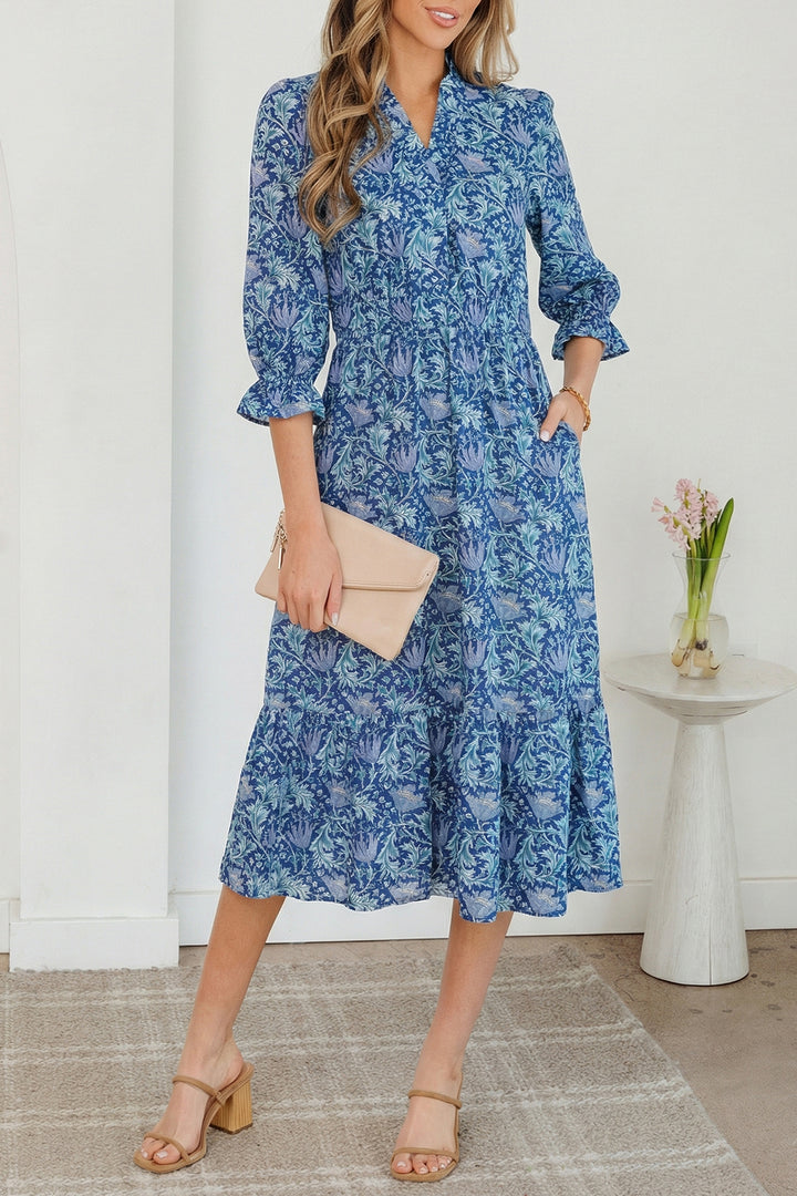 Sky Blue Floral Printed Frilled V Neck Bracelet Sleeve Long Dress