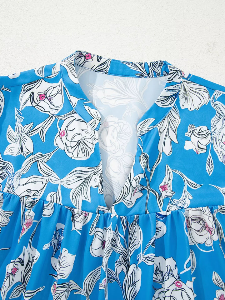 Notched Floral Print 3/4 Puff Sleeve Blouse