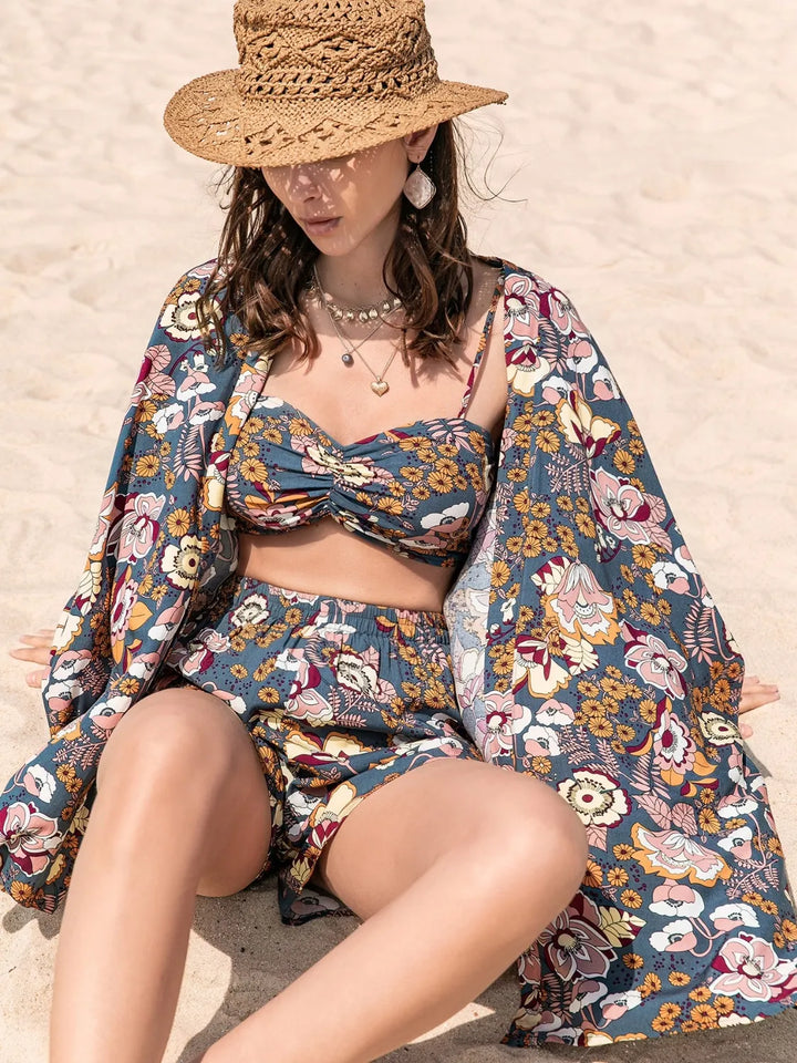 Printed Bra, Cover-Up and Shorts Set