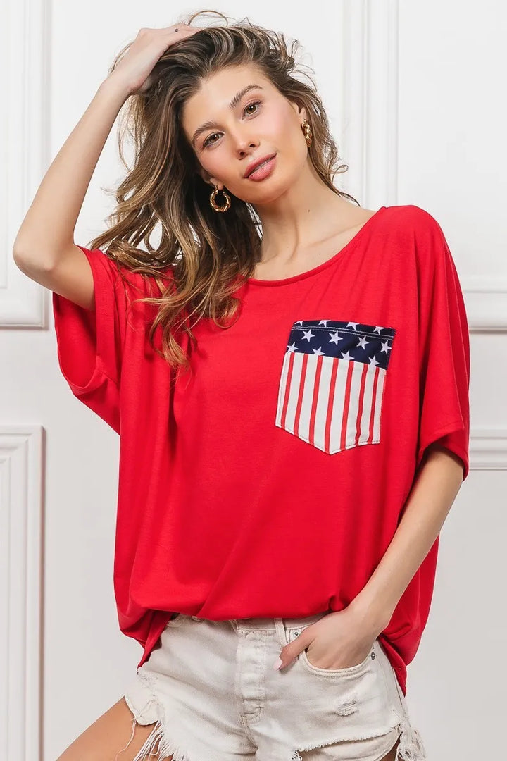 BiBi French Terry With Front Pocket Dolman Sleeves Top