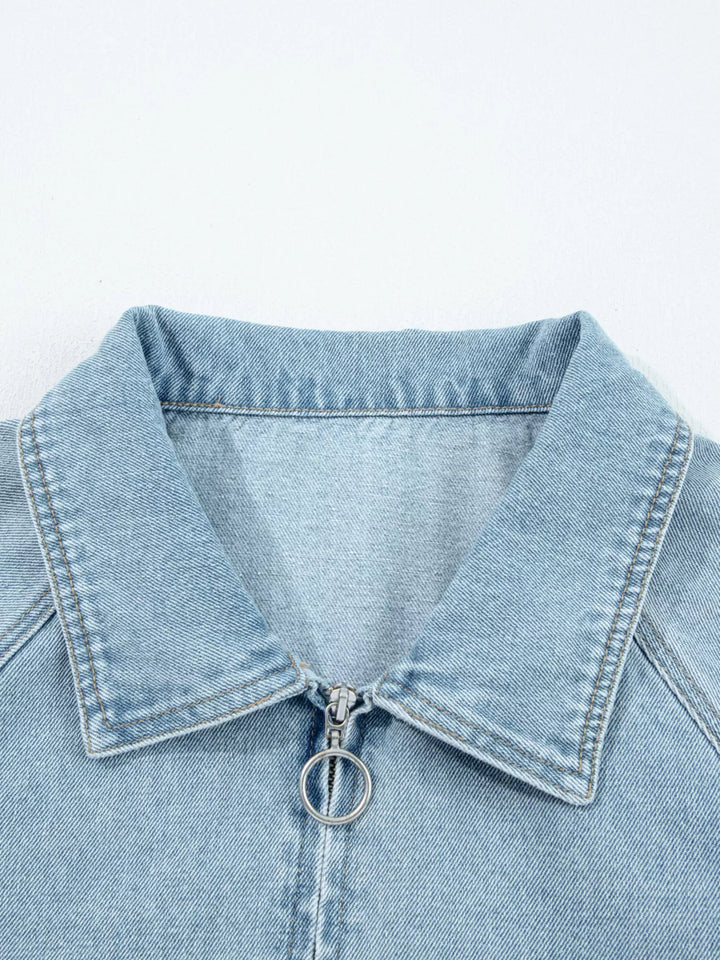 Elastic Edge Collared Zip Up Denim Jacket With Pocket
