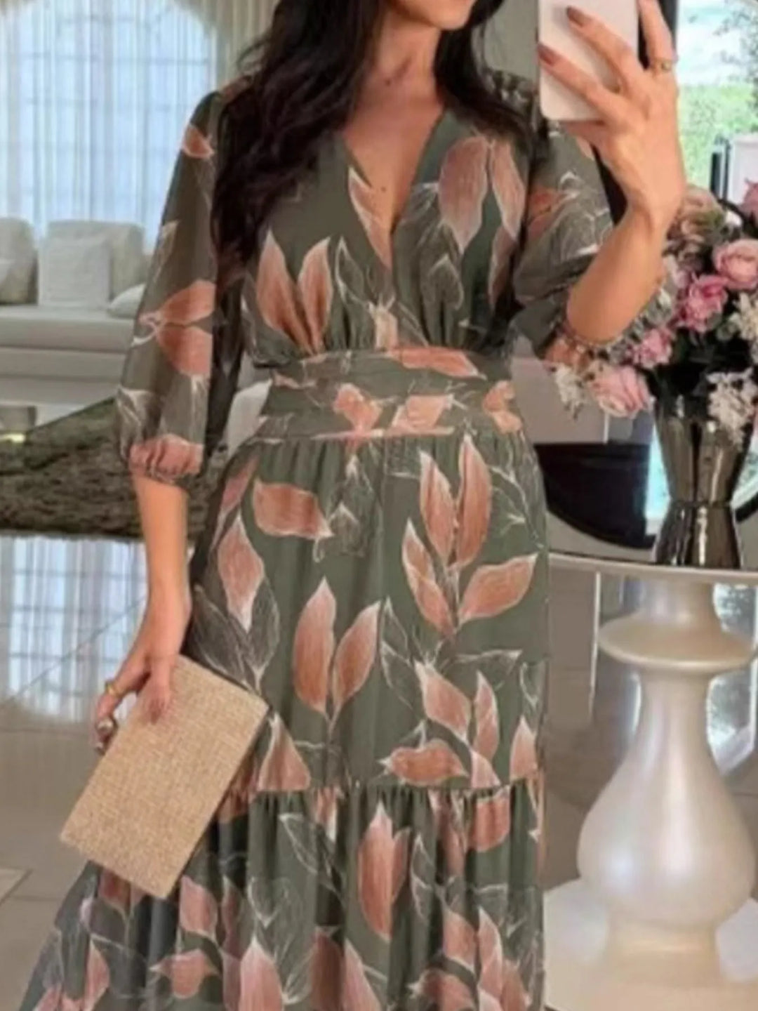 Full Size Printed V-Neck Maxi Dress with Tiered Hemline Plus Size