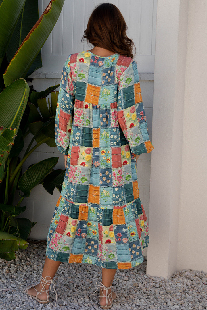 Sky Blue Mix Floral Checkered Pattern Bubble Sleeve Ruffle Hem Dress