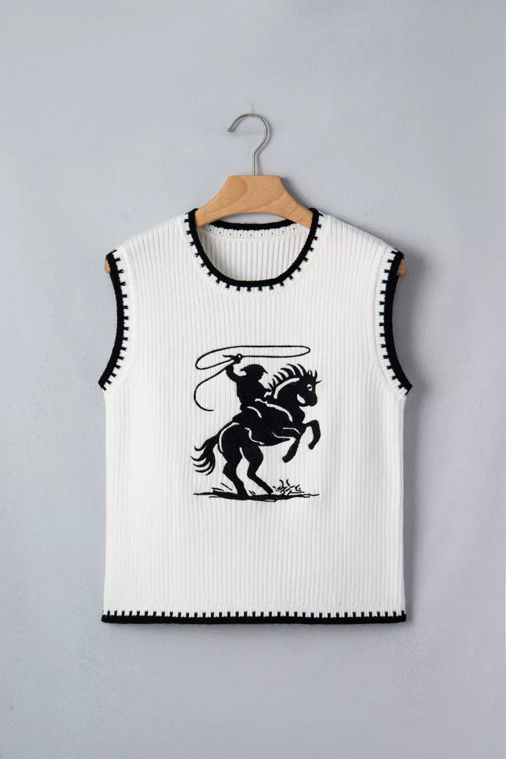 Contrast Trim Round Neck Rodeo Cowboy Sweater Vest