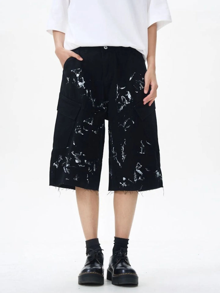 Men's Paint Splattered Cargo Bermuda Shorts with Distressed Edge Detail