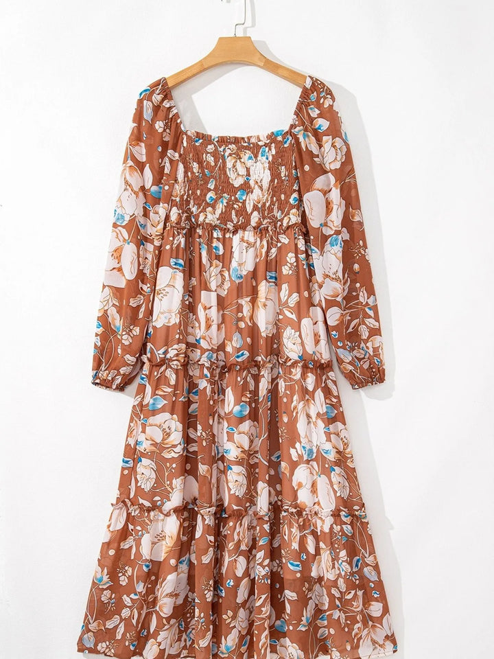 Smocked Printed Long Sleeve Tiered Dress