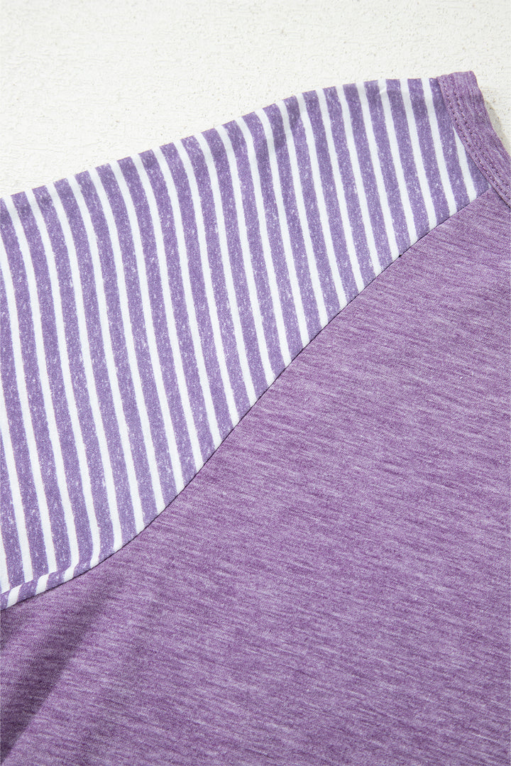 Tillandsia Purple Contrast Print Striped Raglan Long Sleeve Loose Top
