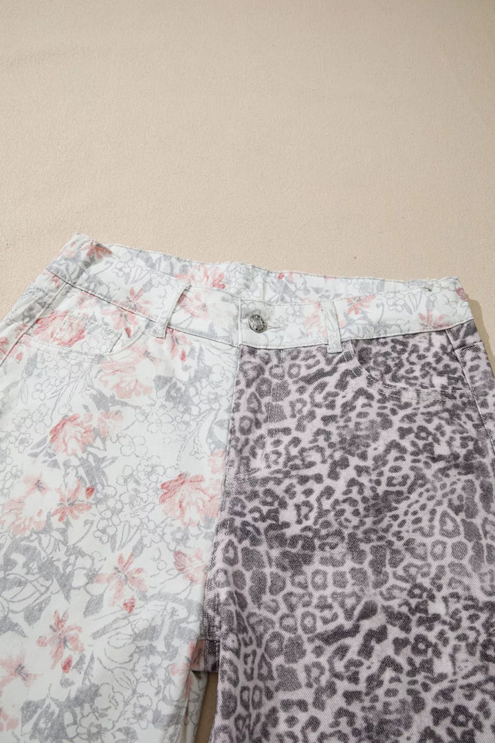 Floral and Leopard Print Wide-Leg Jeans