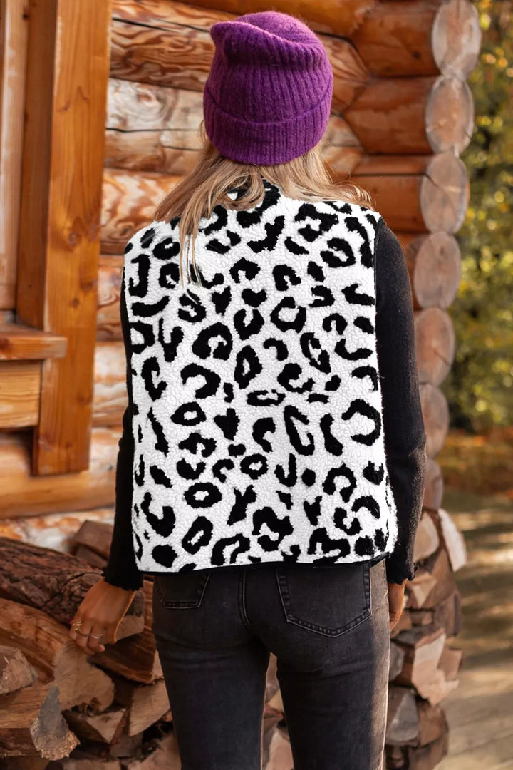 Leopard Print Sherpa Fleece Vest Coat