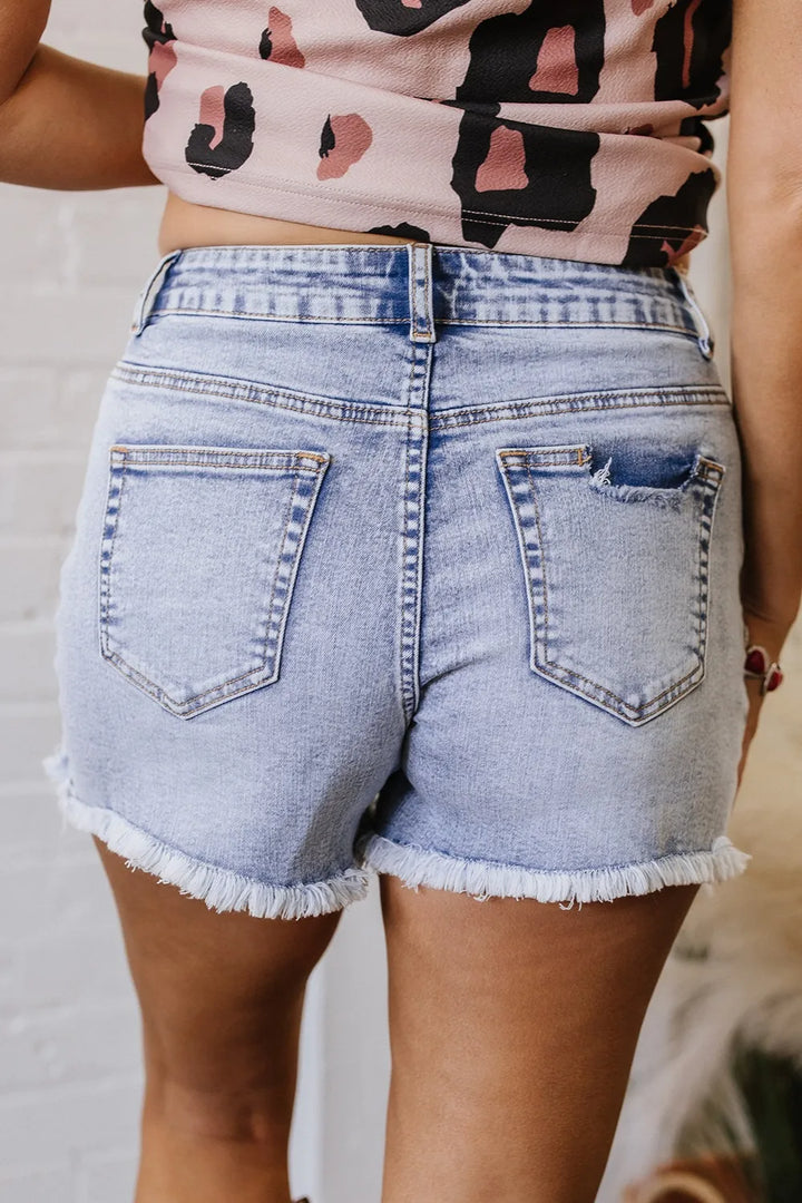 Pearl Studded Pockets Raw Hem Denim Shorts