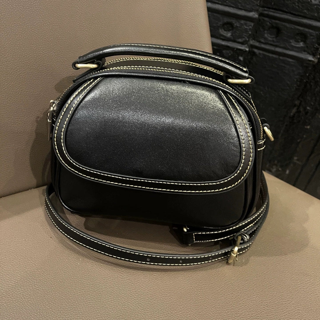 Top-grain Leather Single-shoulder Crossbody Bag, 2025 New Women's Vintage Handbag, Stylish And Versatile Simple Small Round Bag