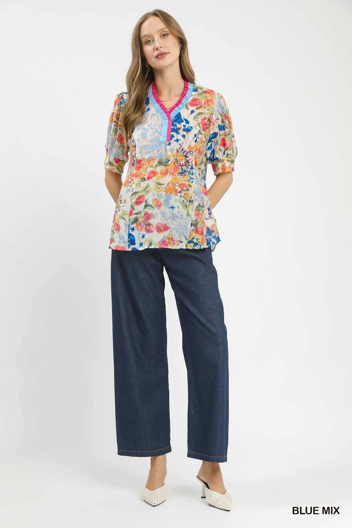 Umgee Floral Contrast Pleat Neck Top
