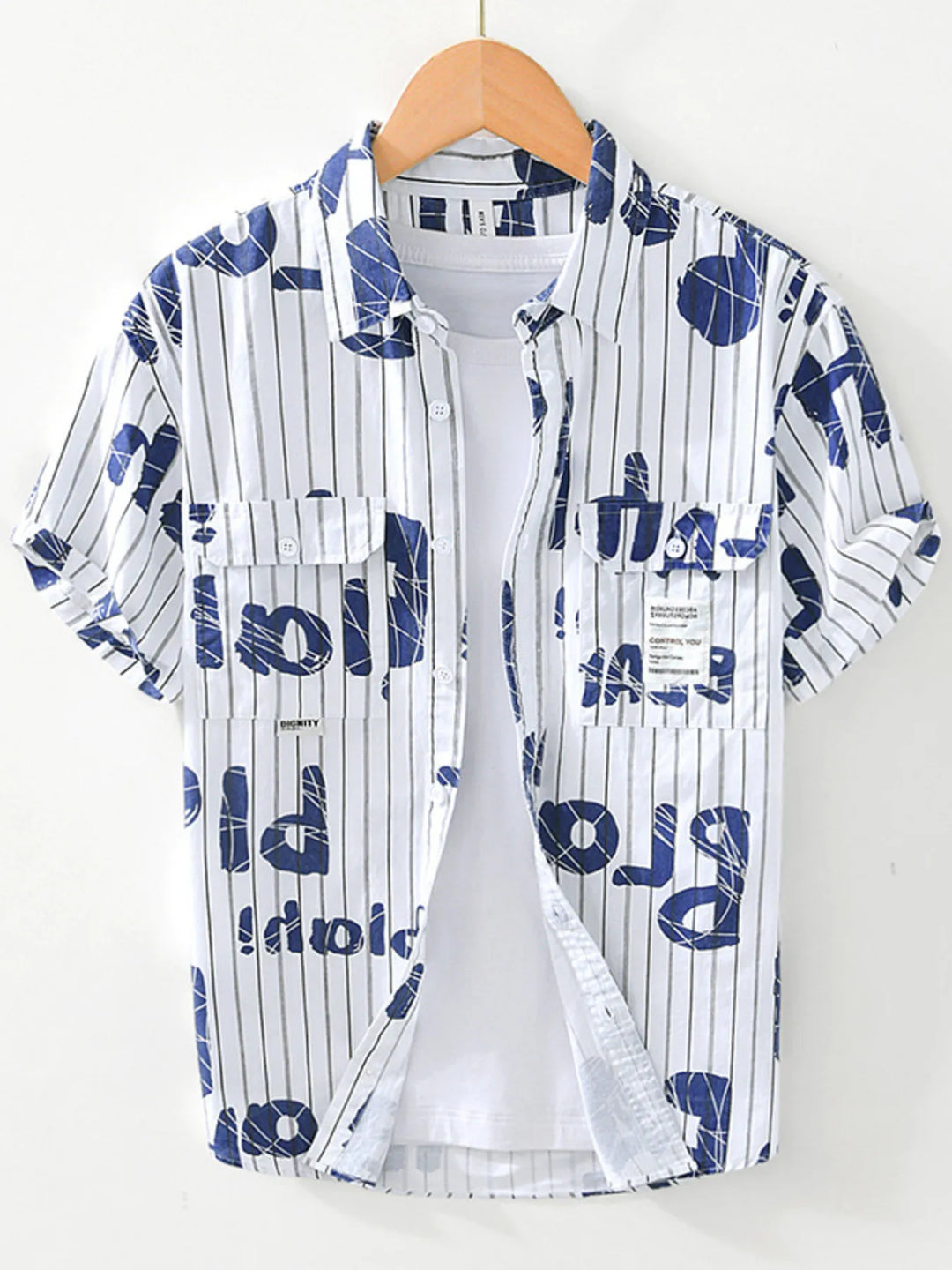 Men's Plus Size Letter Print Striped Short Sleeve Casual Shirt