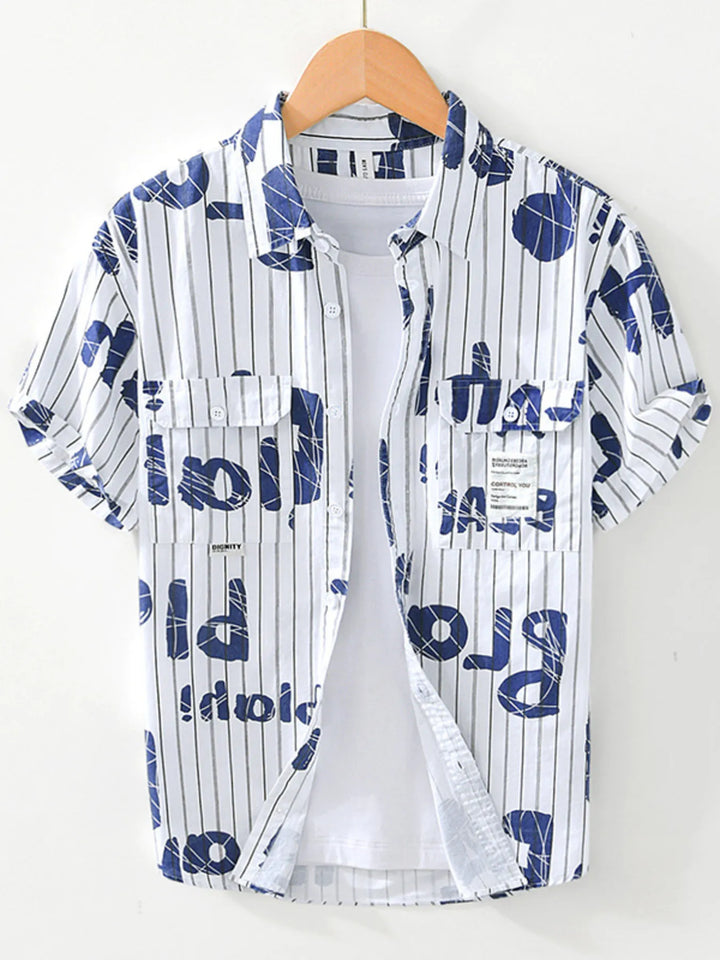 Men's Plus Size Letter Print Striped Short Sleeve Casual Shirt