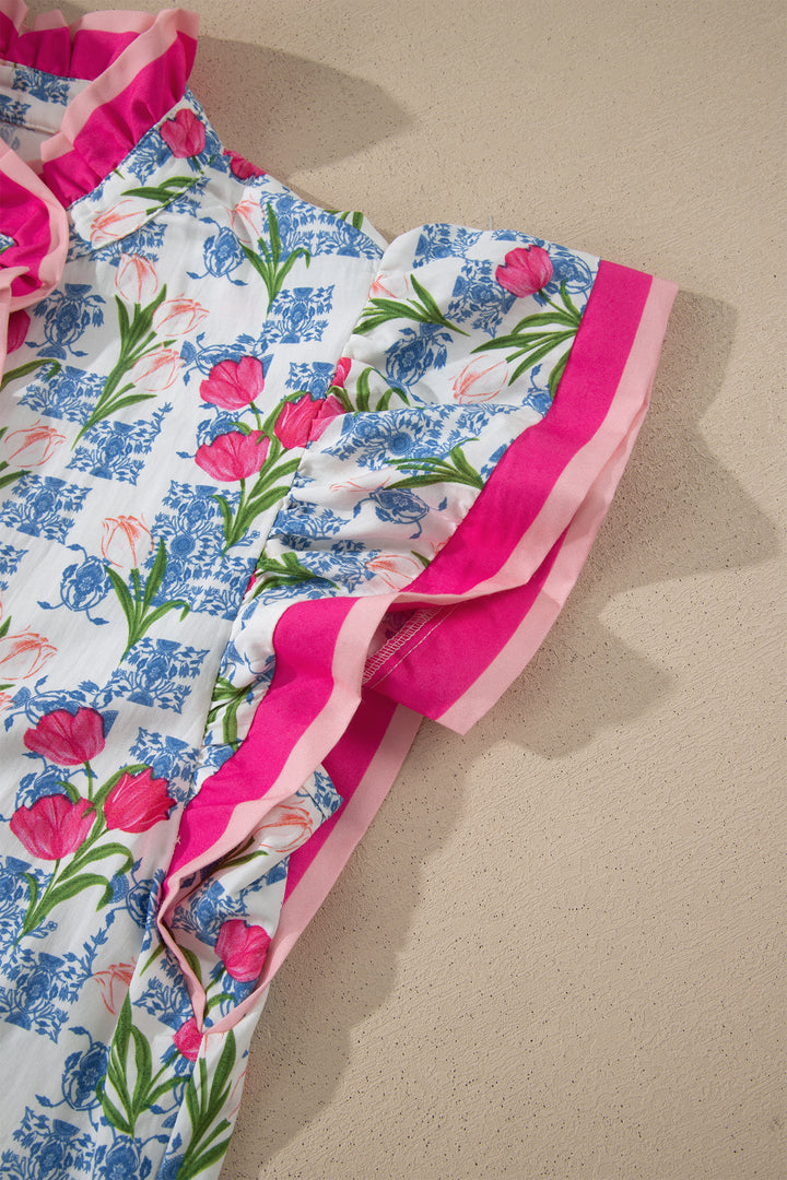Rose Floral Print Color Block Striped Trim Flutter Sleeve Half Button Blouse