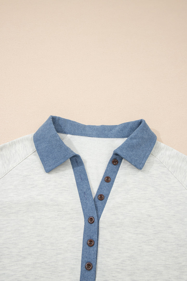 Light Grey Denim Patchwork Buttoned Polo Collar Long Sleeve Top