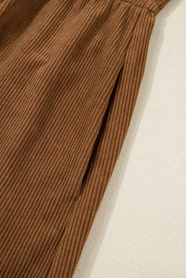 Camel Corduroy Full Buttoned Collared Shirt Style Plus Size Dress