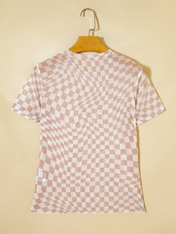 heckered Print Crew Neck Mesh T Shirt