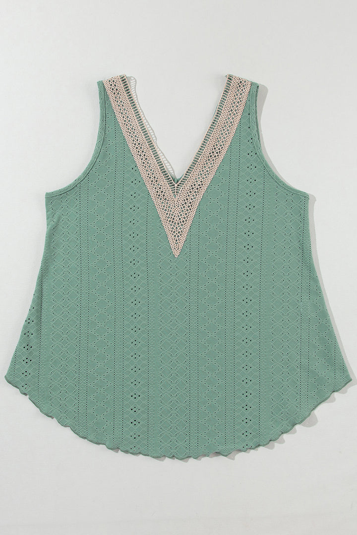 Mist Green Lace Crochet Splicing V Neck Loose Fit Tank Top