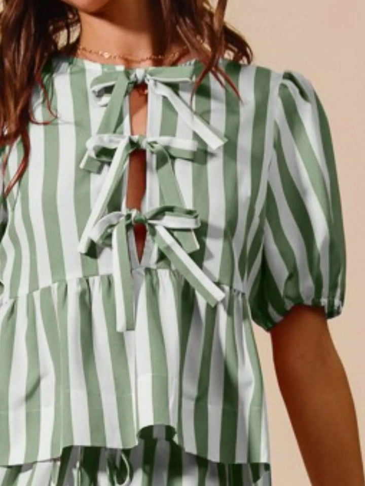 SO ME Front Tie Stripe Puff Sleeves Top and Wide Leg Pants Set