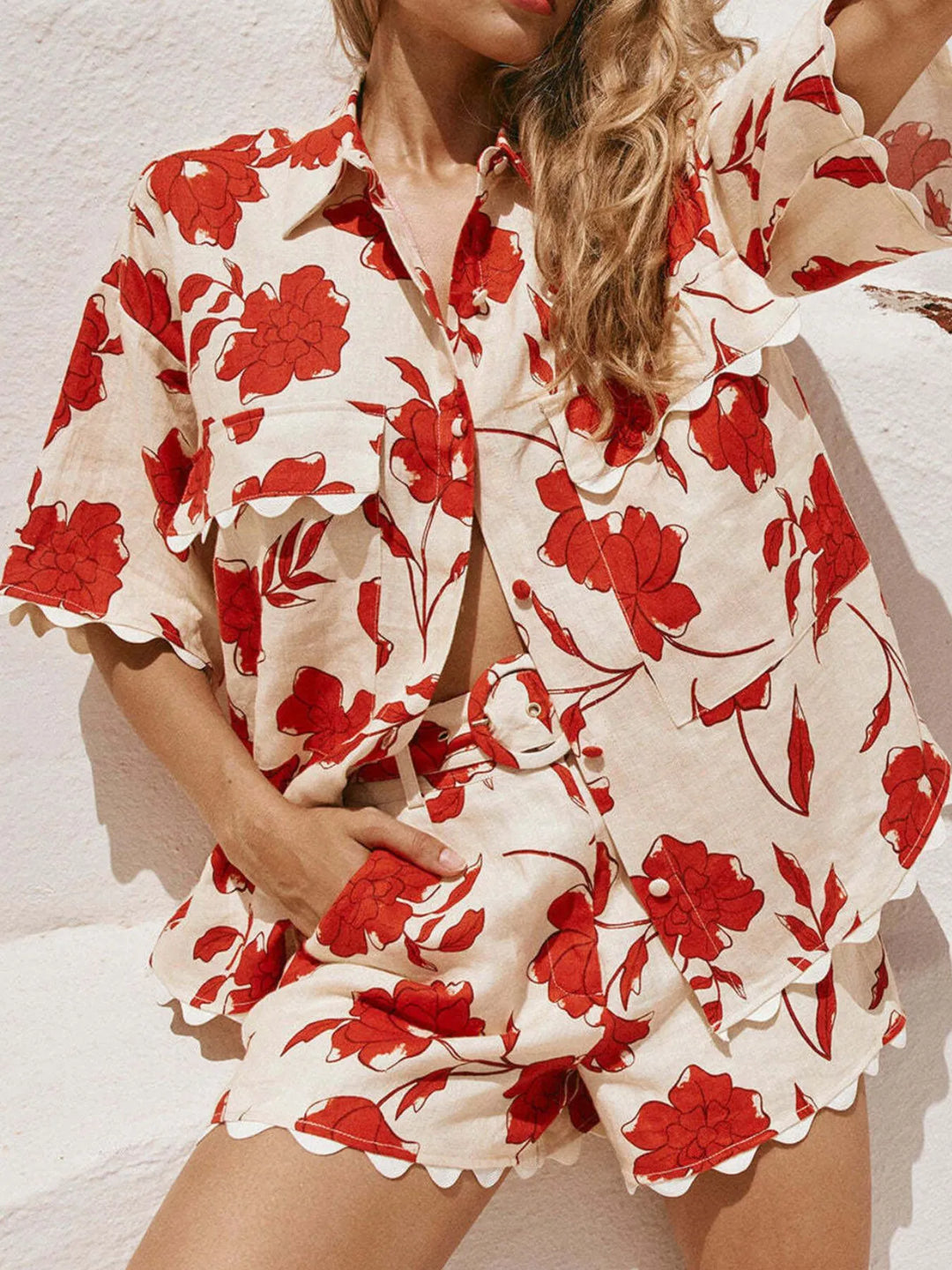 Floral Print Scalloped Edge Top and Shorts Set
