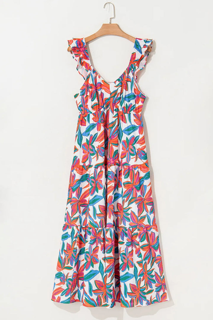Floral Ruffled Strap V Neck Maxi Dress