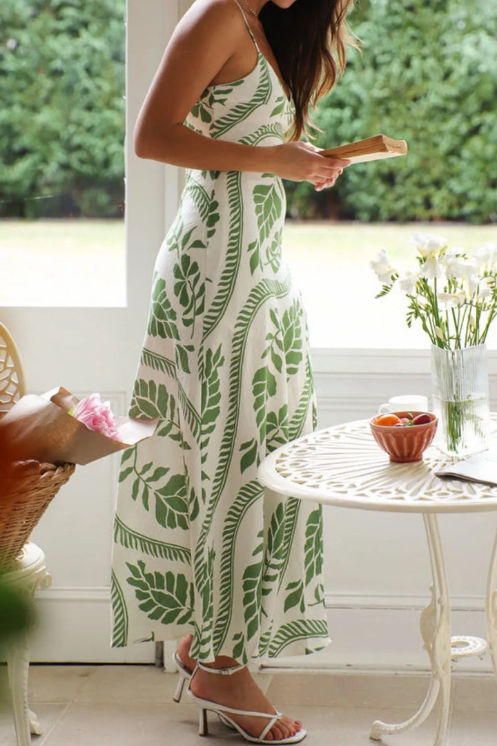 Leaf Print Slit V-Neck Midi Cami Dress