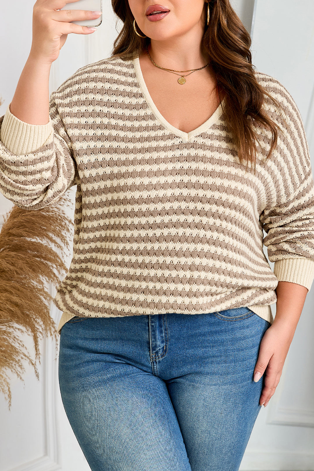 Khaki Stripe Plus Size V Neck Drop Shoulder Sweater
