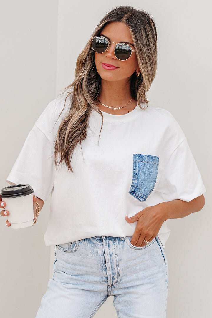 White Color Block Chest Pocket Patched Casual Short Sleeve Top