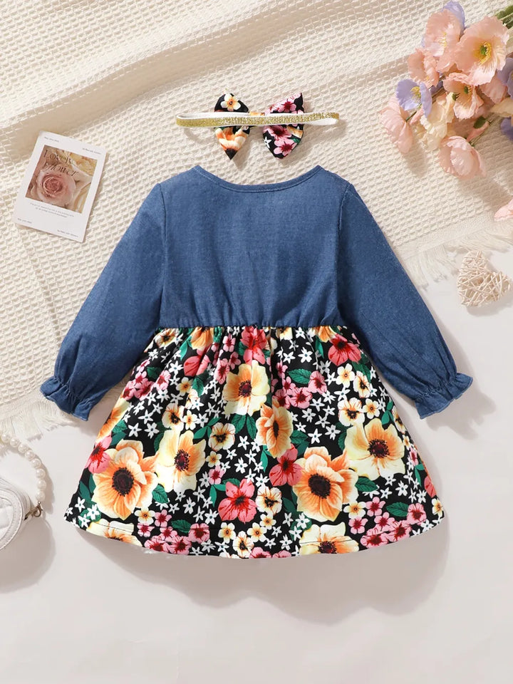 Children's Ruffled Bow Contrast Floral Dress with Headband