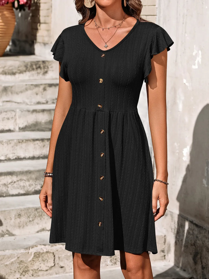 V-Neck Ruffled Cap Sleeve Dress