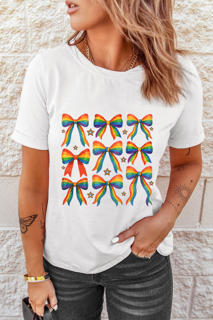 White Pride Bow Starry Print Cotton Blend T Shirt