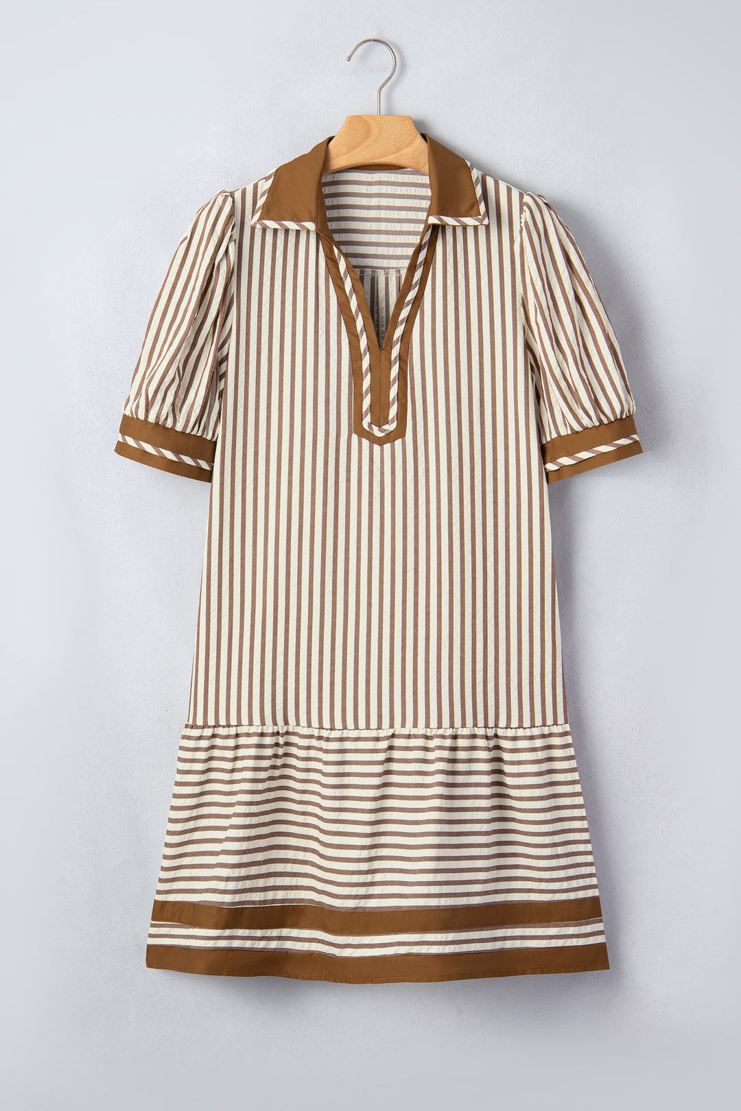 Brown Stripe Shirt Collar Color Block Patchwork Trim Ruffle Hem Short Dress