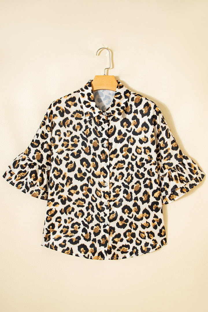 Khaki Leopard Print Ruffle Trim 3/4 Sleeve Loose Shirt