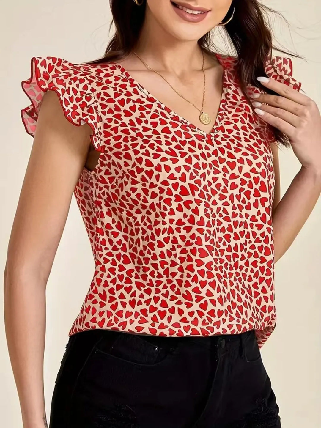 Floral Print Ruffle Sleeve V-Neck Blouse