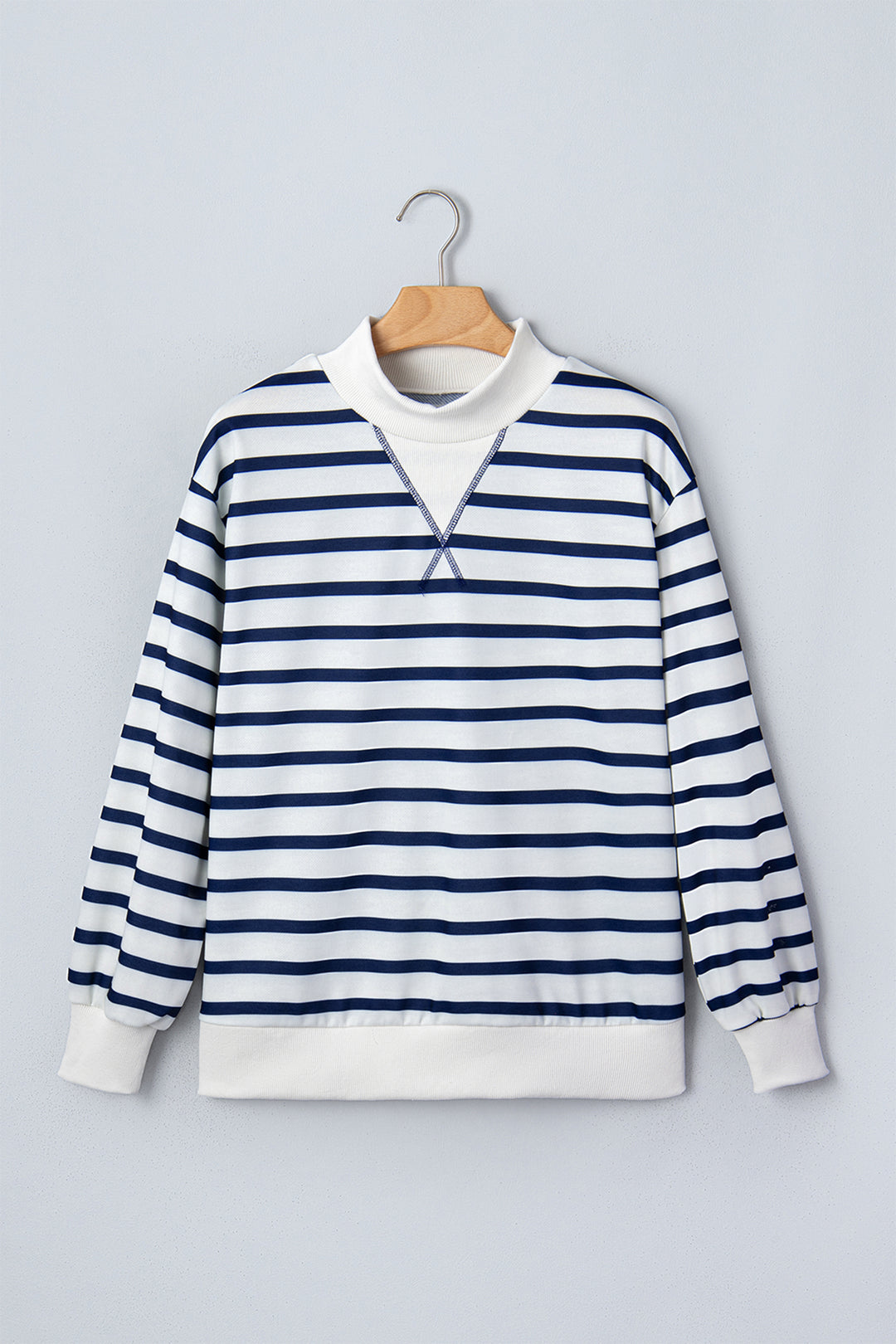 Blue Stripe Striped Stand Neck Long Sleeve Ribbed Cuff Hem Sweatshirt