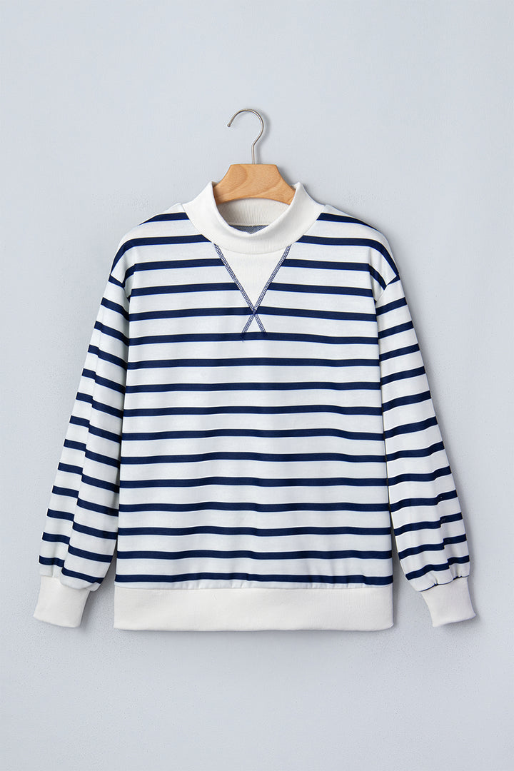 Blue Stripe Striped Stand Neck Long Sleeve Ribbed Cuff Hem Sweatshirt