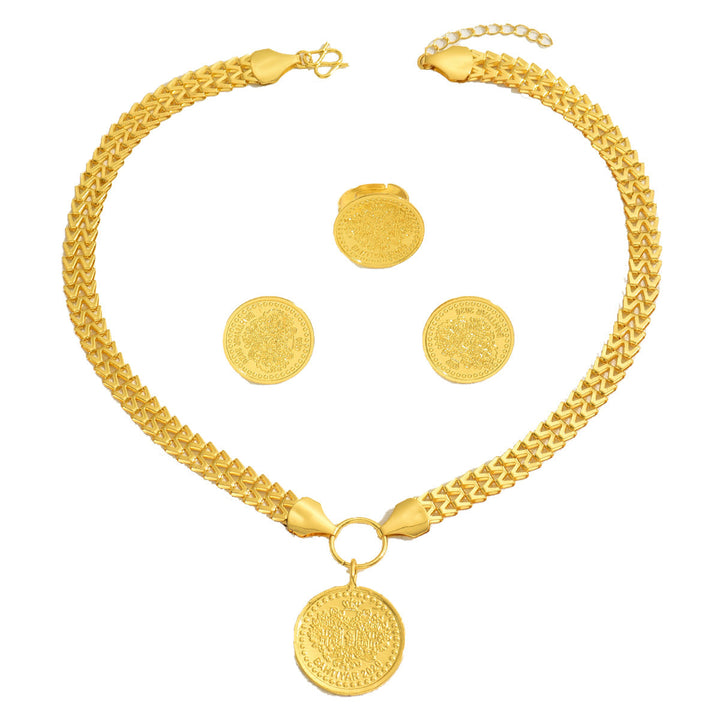 Fashion OL Tree Of Life Round Pendant Jewelry Set, Matching Necklace Earrings With Electroplated 18K Versatile Ring Women Accessories