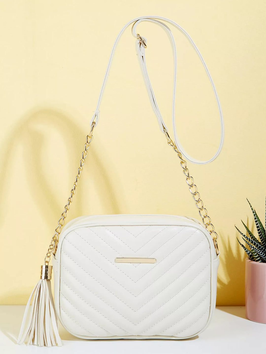 Quilted PU Leather Crossbody Bag with Tassel