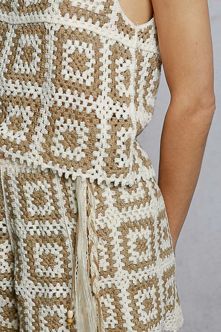 POL Elastic Waistband Crochet Shorts with Granny Square Weave