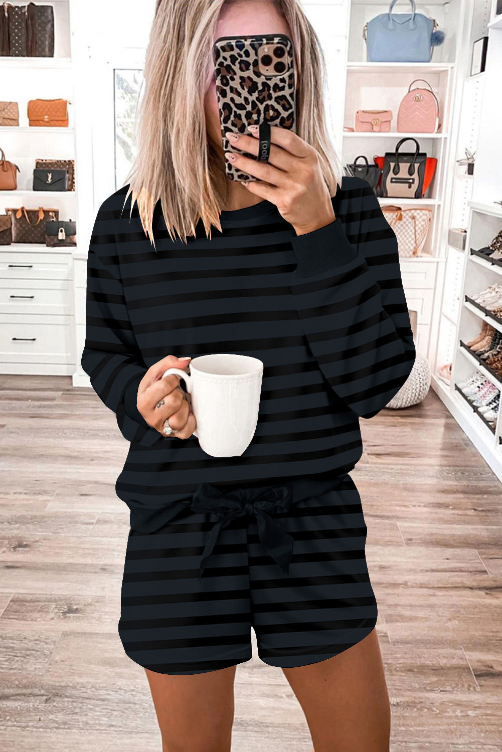 Gray Printed Stripe Long Sleeve Satin Tie Shorts Two Piece Set