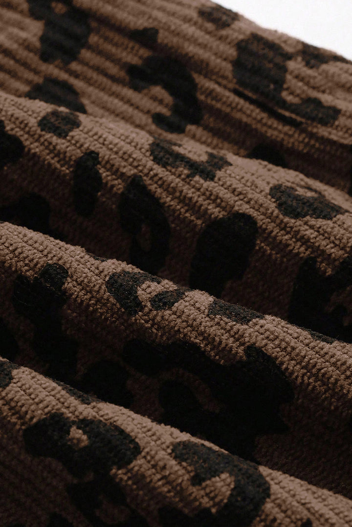 Dark Brown Leopard Print Elastic High Waist Loose Corduroy Pants