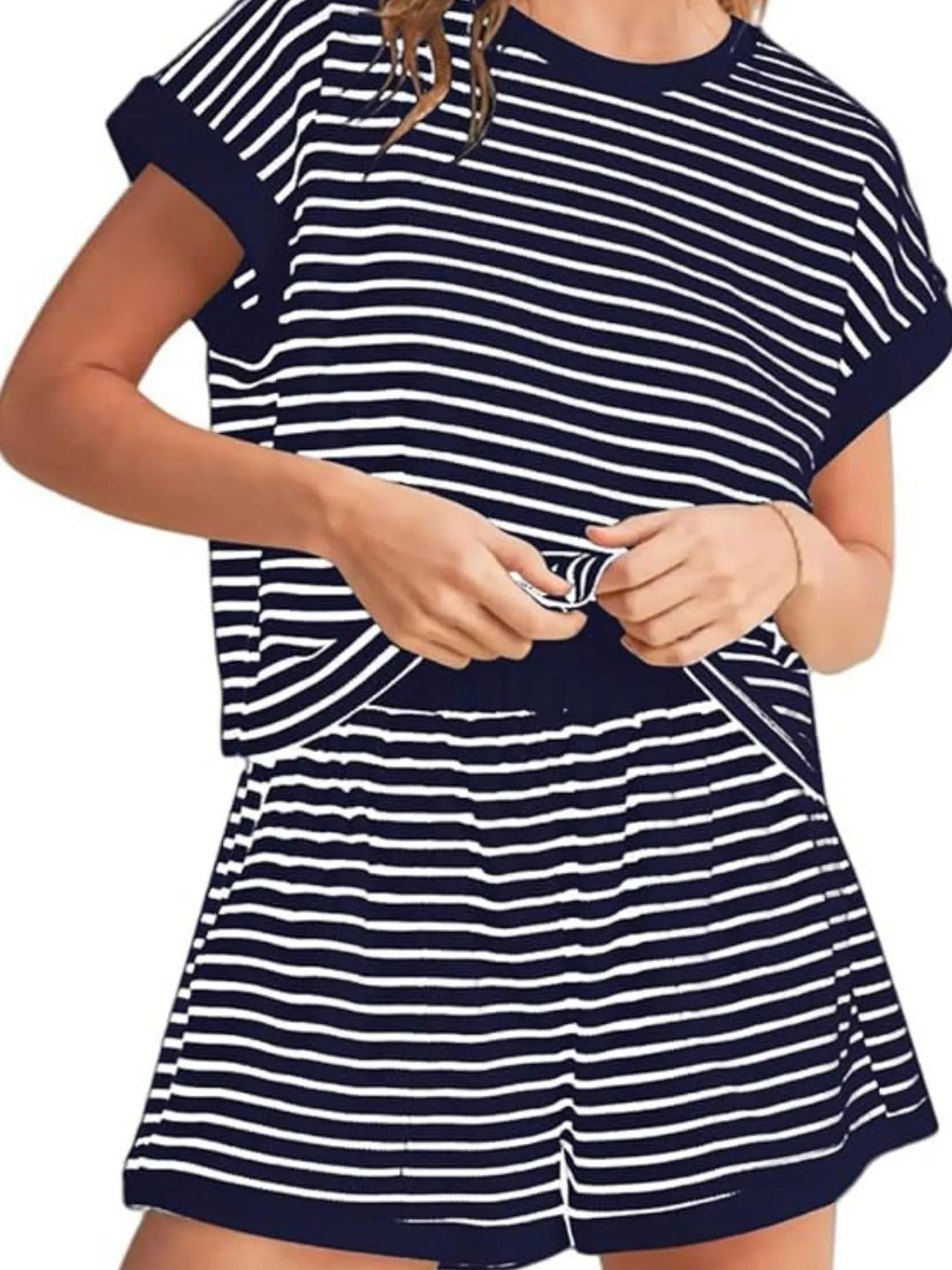 Full Size Contrast Striped T-Shirt and Shorts Set Plus Size