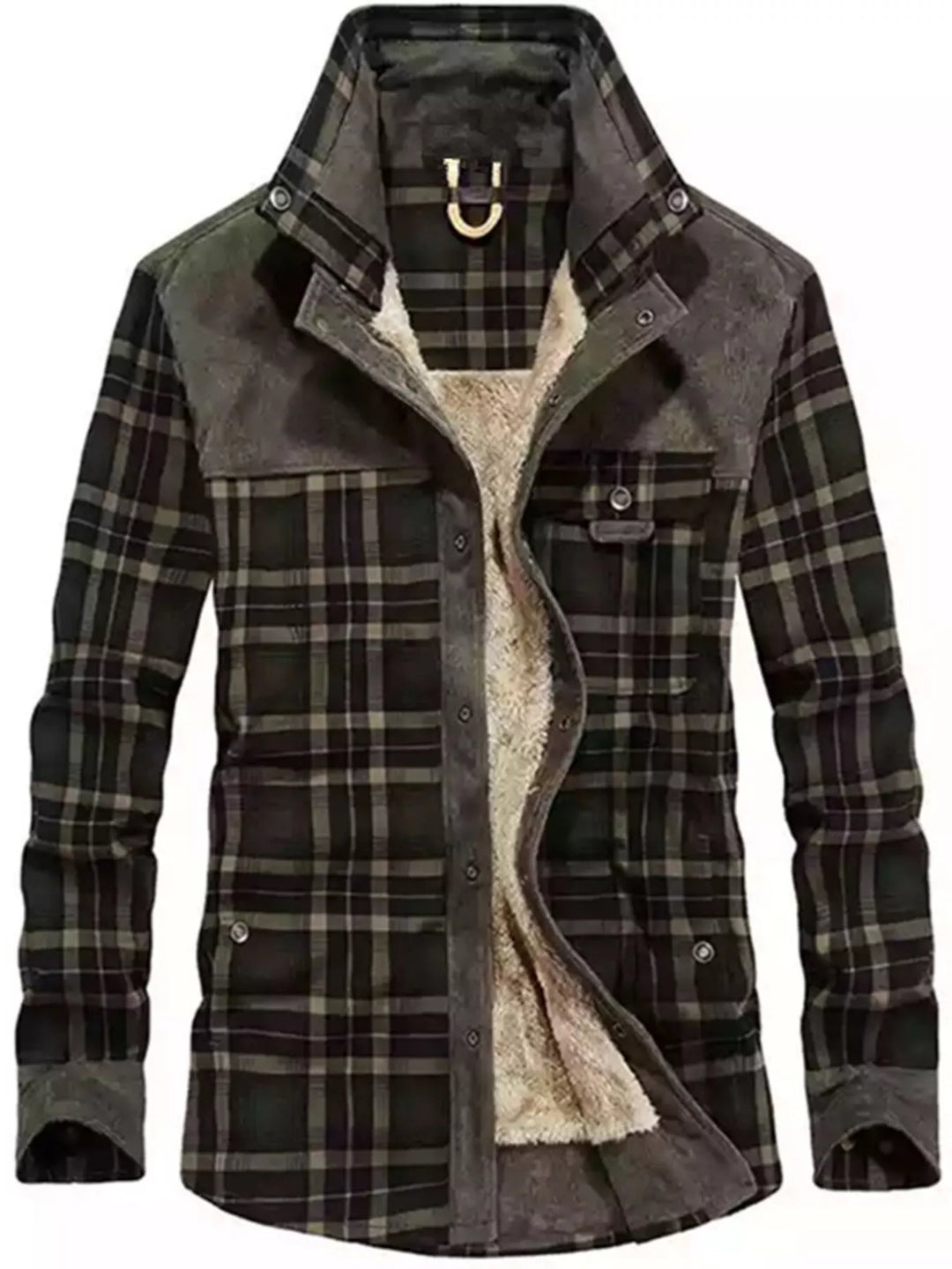 Men's Full Size Plaid Fleece Lined Snap Down Jacket Plus Size