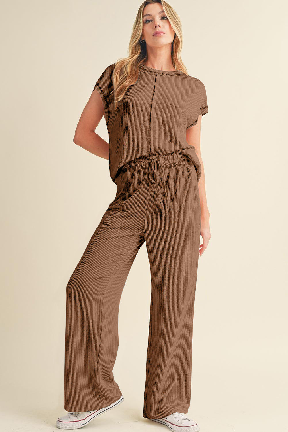 Coffee Solid Color Corded Short Sleeve Top and Casual Pants Set