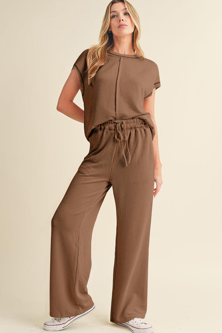 Coffee Solid Color Corded Short Sleeve Top and Casual Pants Set