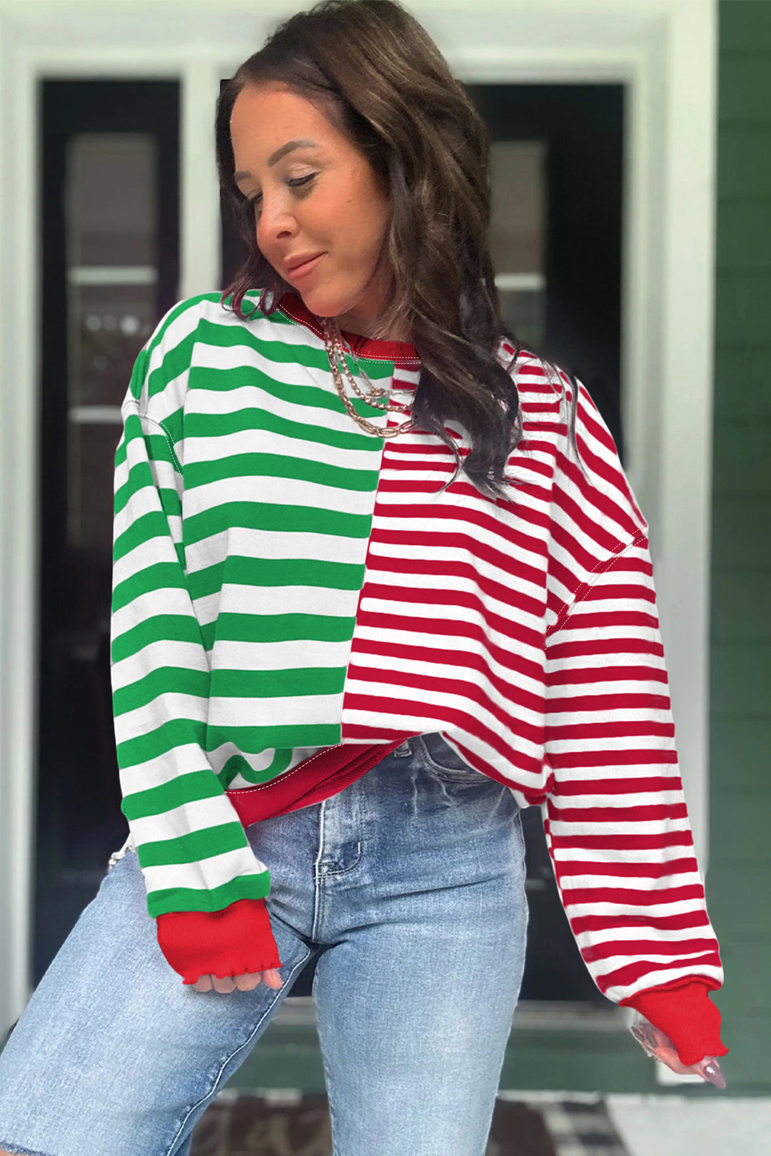 Green Stripe Contrasted Color Block Patchwork Baggy Sweatshirt