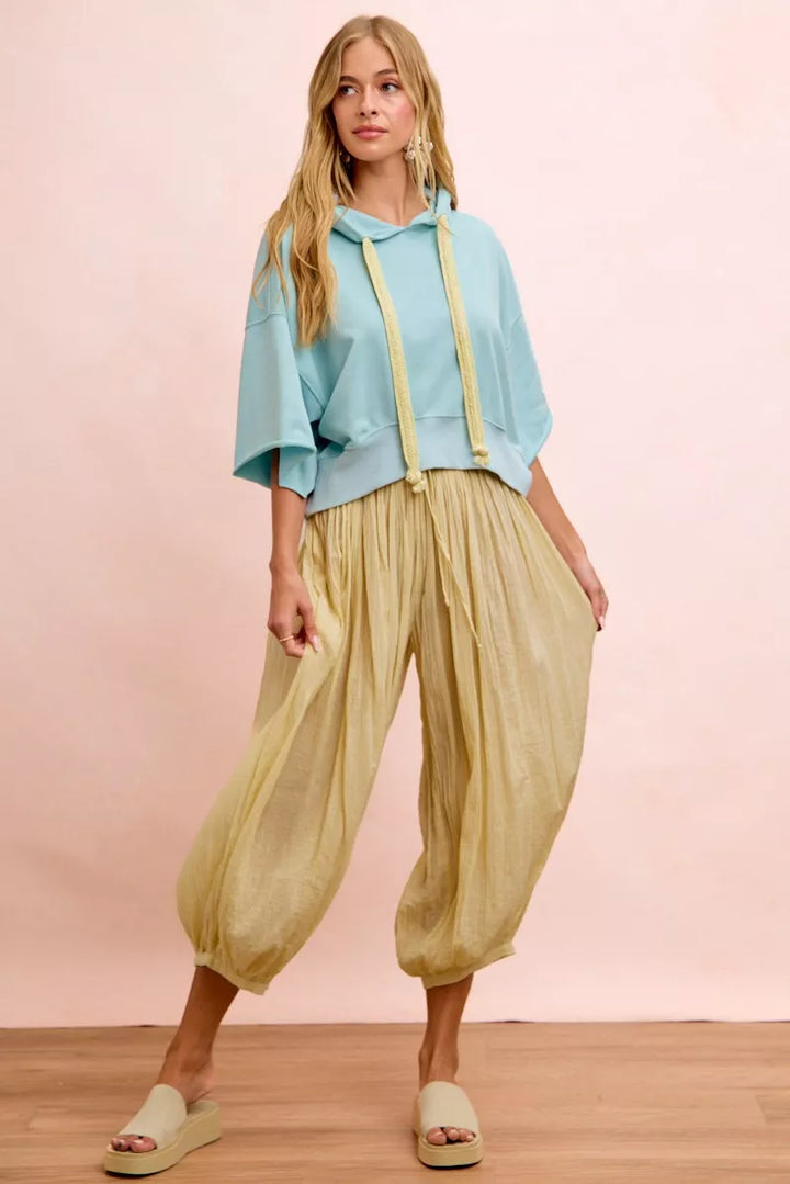 BiBi Washed Terry Short Sleeve Drawstring Hoodie Top